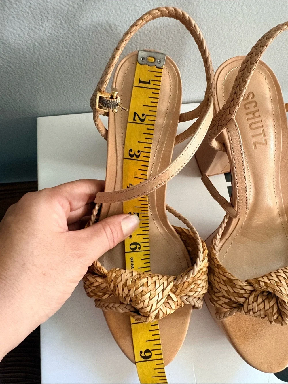 SCHUTZ Women's Tan Woven Platform Block Heel Sandals | size: 37 |  light wood